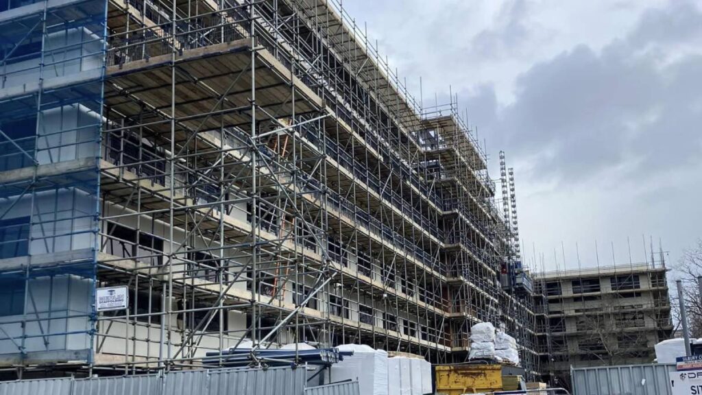 Scaffolding on office building in centre MK